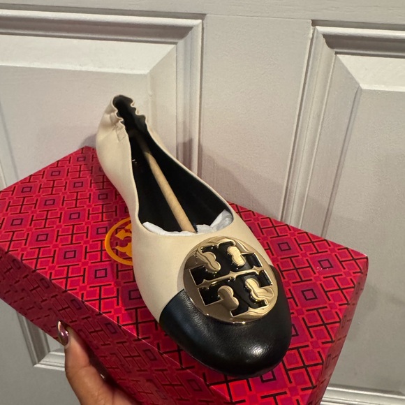 Tory Burch Shoes - Tory Burch Cream and Black Loafers with Gold Accent